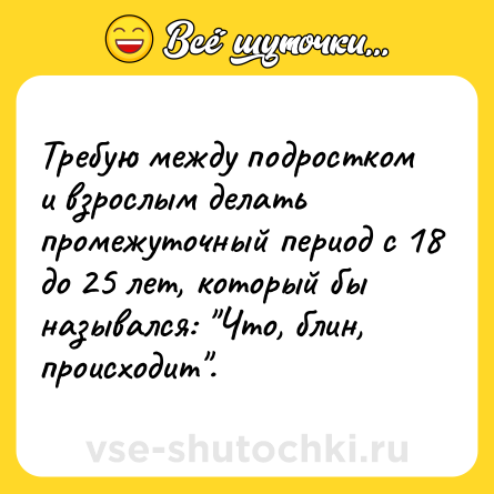 Шутка: Требую между подростком и взрослым делать промежуточный период с 18 до 25 лет, который бы назывался: 