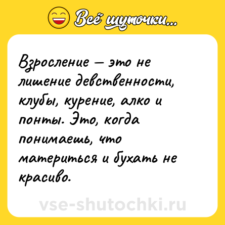 Шутка: Взросление — это не лишение девственности, клубы, курение, алко и понты. Это, когда понимаешь, что материться и бухать не красиво.