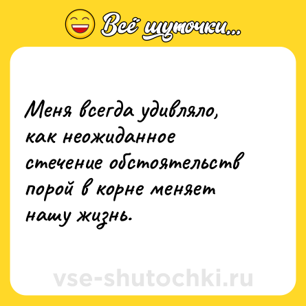Шутка: Меня всегда удивляло, как неожиданное стечение обстоятельств порой в корне меняет нашу жизнь.