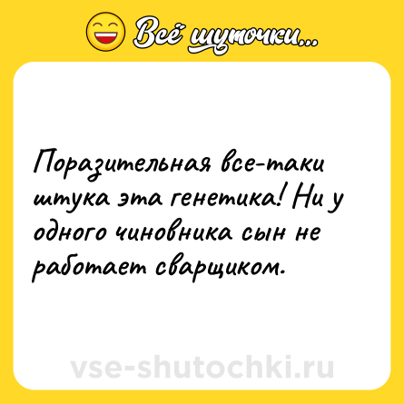 Шутка: Поразительная все-таки штука эта генетика! Ни у одного чиновника сын не работает сварщиком.