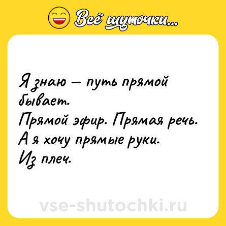 Шутка: Я знаю — путь прямой бывает.<br>Прямой эфир. Прямая речь.<br>А я хочу прямые руки.<br>Из плеч.
