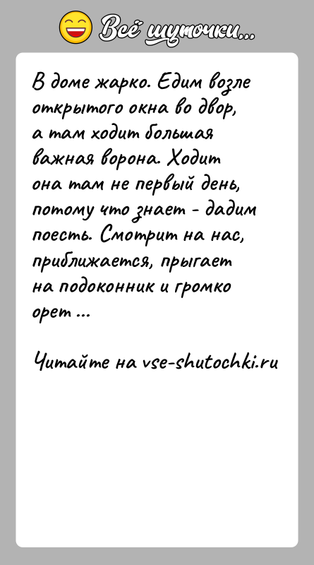 История: В доме жарко. Едим возле открытого окна во двор, а там ходит большая важная ворона. Ходит она там не первый