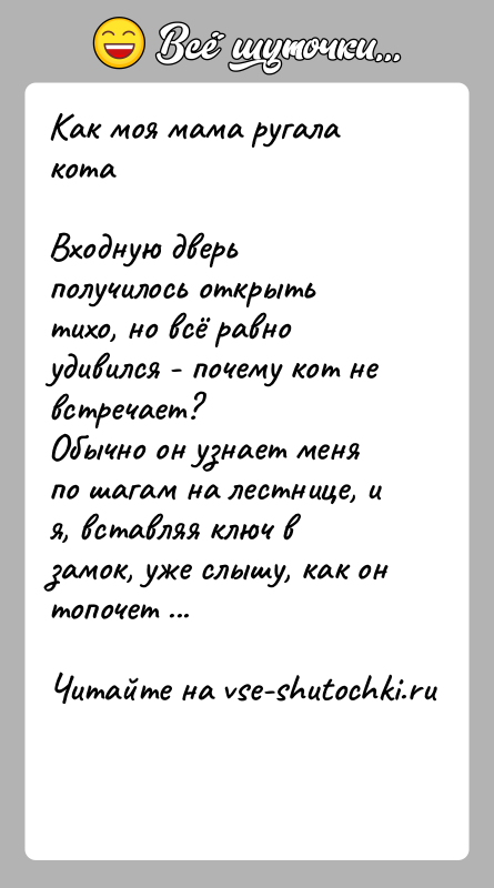 История: Как моя мама ругала котаВходную дверь получилось открыть тихо, но всё равно удивился - почему кот не встречает? Обычно он