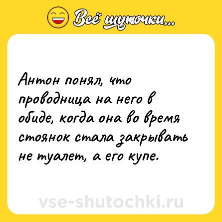 Шутка: Антон понял, что проводница на него в обиде, когда она во время стоянок стала закрывать не туалет, а его купе.