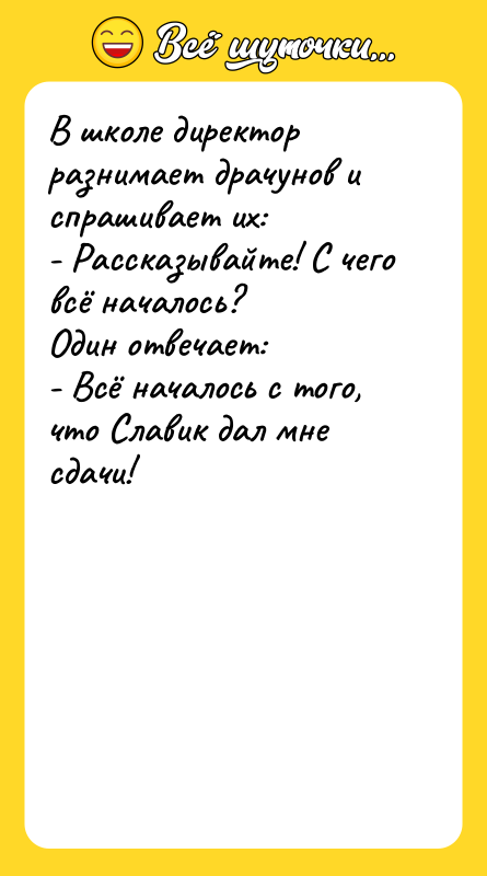 В школе директор разнимает драчунов и спрашивает их:  -