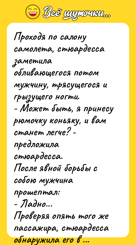 Проходя по салону самолета, стюардесса заметила обливающегося потом мужчину, трясущегося