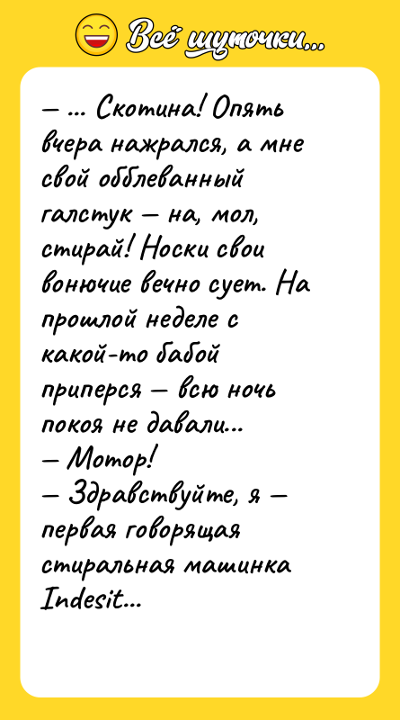 — ... Скотина! Опять вчера нажрался, а мне свой обблеванный