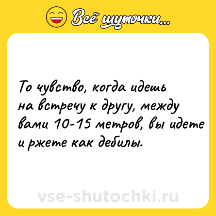 Шутка: То чувство, когда идешь на встречу к другу, между вами 10-15 метров, вы идете и ржете как дебилы.