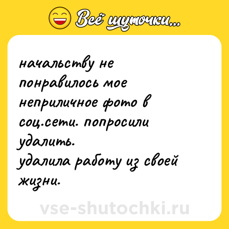 Шутка: начальству не понравилось мое неприличное фото в соц.сети. попросили удалить.  <br>удалила работу из своей жизни.