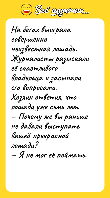 На бегах выиграла совершенно неизвестная лошадь. Журналисты разыскали её счастливого
