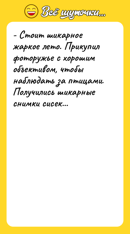 Шутка: - Стоит шикарное жаркое лето. Прикупил фоторужье с хорошим объективом, чтобы наблюдать за птицами. Получились шикарные снимки сисек...<br>    