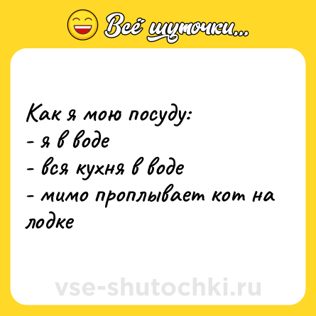 Шутка: Как я мою посуду:<br>- я в воде <br>- вся кухня в воде <br>- мимо проплывает кот на лодке