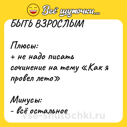 Шутка: БЫТЬ ВЗРОСЛЫМ<br><br>Плюсы:<br>+ не надо писать сочинение на тему «Как я провел лето»<br><br>Минусы: <br>- всё остальное