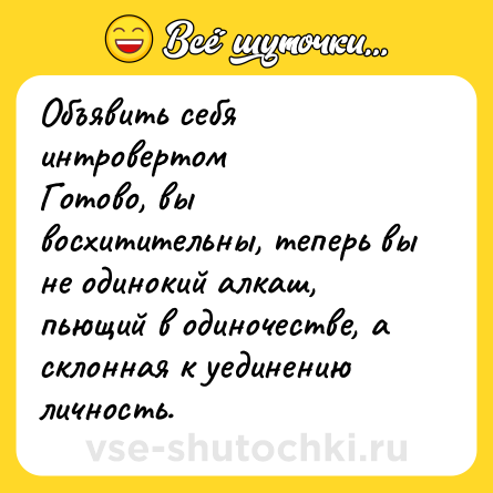 Шутка: Объявить себя интровертом <br>Готово, вы восхитительны, теперь вы не одинокий алкаш, пьющий в одиночестве, а склонная к уединению личность.