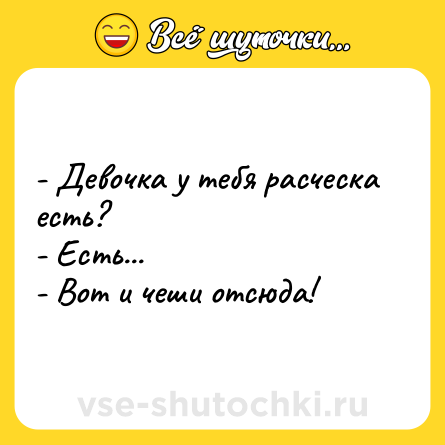 Шутка: - Девочка у тебя расческа есть?<br>- Есть...<br>- Вот и чеши отсюда!