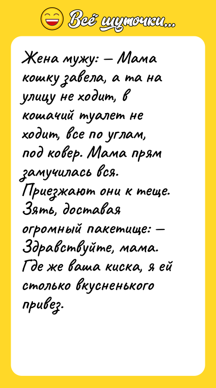 Жена мужу: Мама кошку завела, а та на улицу