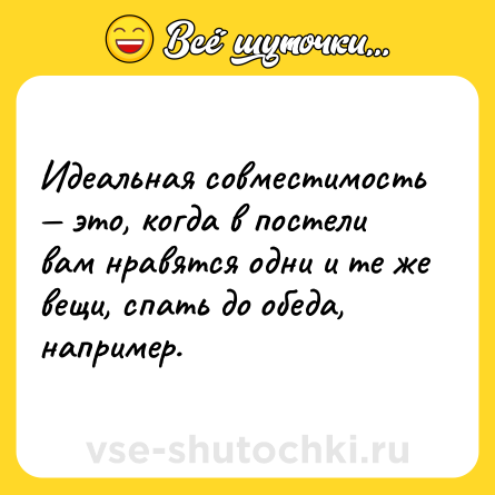 Шутка: Идеальная совместимость — это, когда в постели вам нравятся одни и те же вещи, спать до обеда, например.