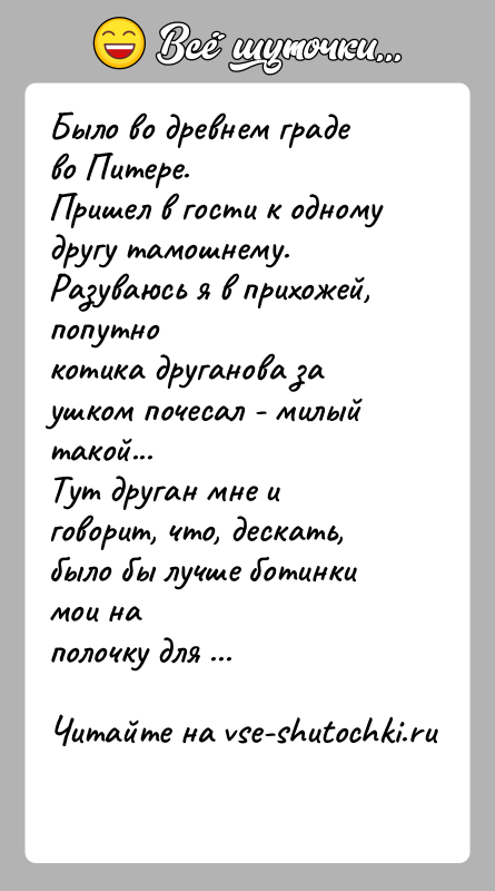 История: Было во древнем граде во Питере.Пришел в гости к одному другу тамошнему. Разуваюсь я в прихожей, попутнокотика друганова за ушком