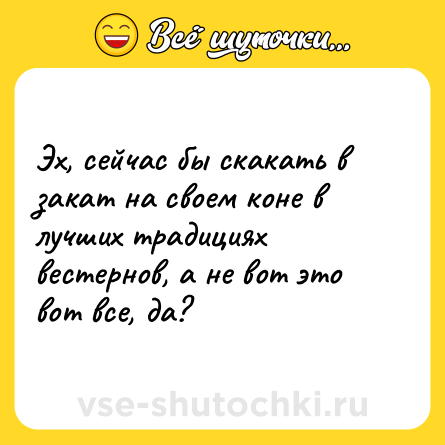 Шутка: Эх, сейчас бы скакать в закат на своем коне в лучших традициях вестернов, а не вот это вот все, да?