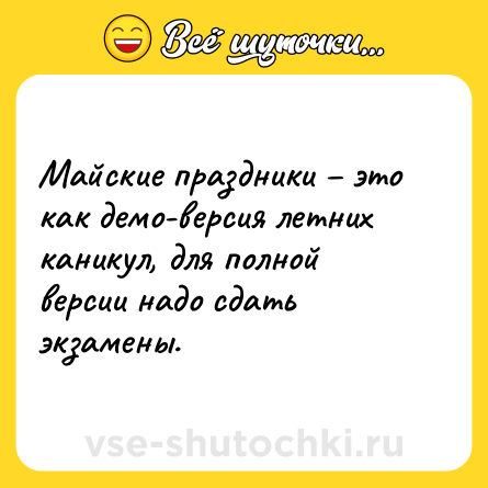 Шутка: Майские праздники – это как демо-версия летних каникул, для полной версии надо сдать экзамены.