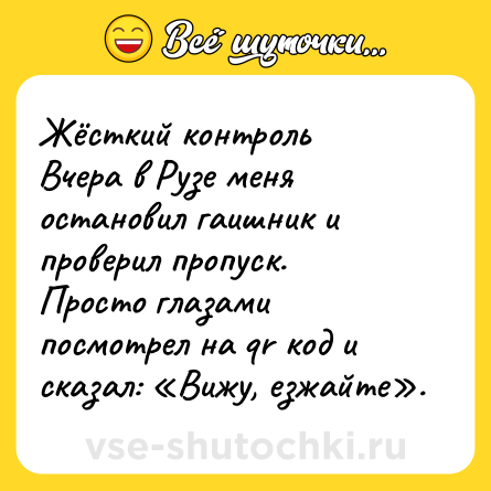 Шутка: Жёсткий контроль <br>Вчера в Рузе меня остановил гаишник и проверил пропуск. Просто глазами посмотрел на qr код и сказал: «Вижу, езжайте».