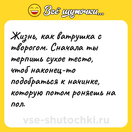 Шутка: Жизнь, как ватрушка с творогом. Сначала ты терпишь сухое тесто, чтоб наконец-то подобраться к начинке, которую потом роняешь на пол.