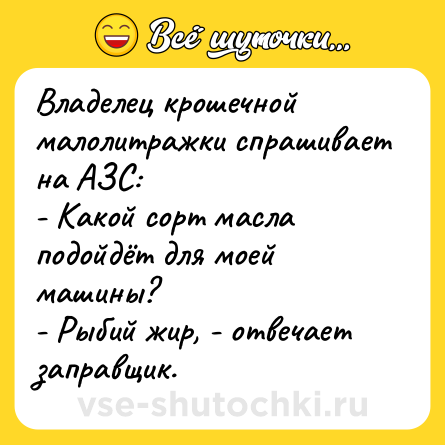 Шутка: Владелец крошечной малолитражки спрашивает на АЗС:<br>- Какой сорт масла подойдёт для моей машины?<br>- Рыбий жир, - отвечает заправщик.