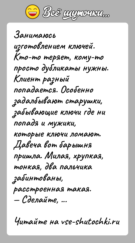 История: Занимаюсь изготовлением ключей. Кто-то теряет, кому-то просто дубликаты нужны. Клиент разный попадается. Особенно задалбывают старушки, забывающие ключи где ни попадя
