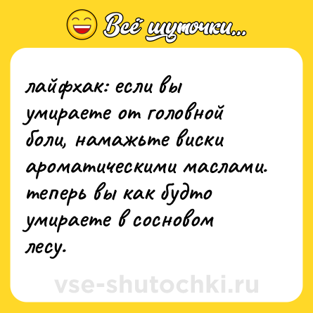 Шутка: лайфхак: если вы умираете от головной боли, намажьте виски ароматическими маслами. теперь вы как будто умираете в сосновом лесу.