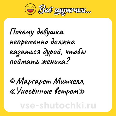 Шутка: Почему девушка непременно должна казаться дурой, чтобы поймать жениха? <br><br>© Маргарет Митчелл, «Унесённые ветром»