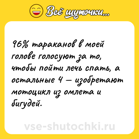 Шутка: 96% тараканов в моей голове голосуют за то, чтобы пойти лечь спать, а остальные 4 — изобретают мотоцикл из омлета и бигудей.