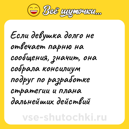 Шутка: Если девушка долго не отвечает парню на сообщения, значит, она собрала консилиум подруг по разработке стратегии и плана дальнейших действий
