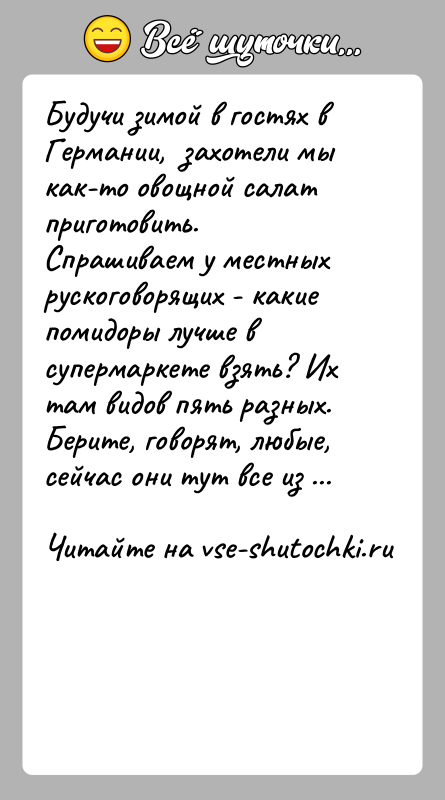 История: Будучи зимой в гостях в Германии, захотели мы как-то овощной салат приготовить. Спрашиваем у местных рускоговорящих - какие помидоры