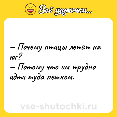 Шутка: — Почему птицы летят на юг?<br>— Потому что им трудно идти туда пешком.