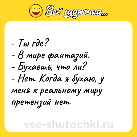 Шутка: - Ты где?<br>- В мире фантазий.<br>- Бухаешь, что ли?<br>- Нет. Когда я бухаю, у меня к реальному миру претензий нет.