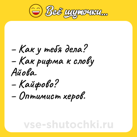 Шутка: – Как у тебя дела?<br>– Как рифма к слову Айова.<br>– Кайфово?<br>– Оптимист херов.