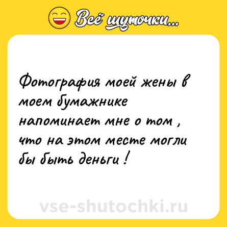 Шутка: Фотография моей жены в моем бумажнике напоминает мне о том , что на этом месте могли бы быть деньги !