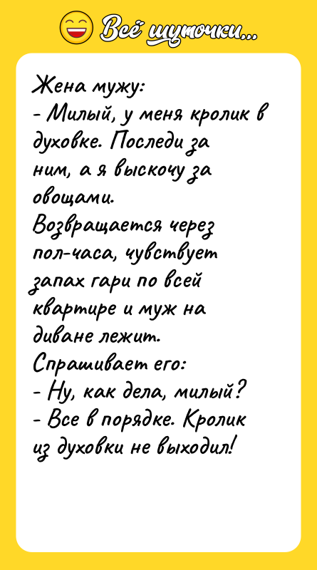 Жена мужу: - Милый, у меня кролик в духовке.