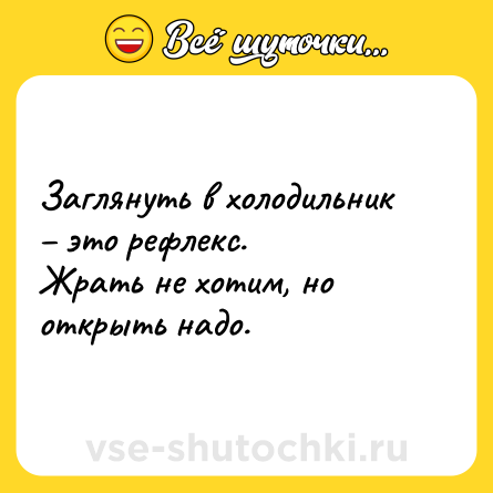 Шутка: Заглянуть в холодильник – это рефлекс.<br>Жрать не хотим, но открыть надо.