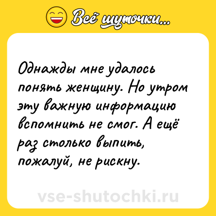 Шутка: Однажды мне удалось понять женщину. Но утром эту важную информацию вспомнить не смог. А ещё раз столько выпить, пожалуй, не рискну.
