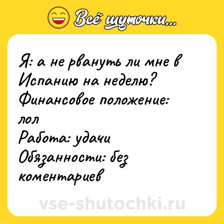 Шутка: Я: а не рвануть ли мне в Испанию на неделю? <br>Финансовое положение: лол <br>Работа: удачи <br>Обязанности: без коментариев