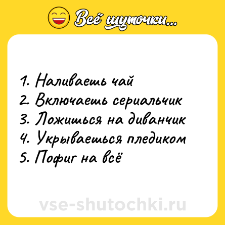 Шутка: 1. Наливаешь чай<br>2. Включаешь сериальчик<br>3. Ложишься на диванчик<br>4. Укрываешься пледиком<br>5. Пофиг на всё