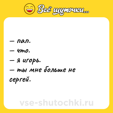 Шутка: — пап. <br>— что.  <br>— я игорь.  <br>— ты мне больше не сергей.