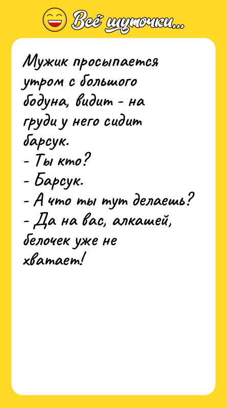Мужик просыпается утром с большого бодуна, видит - на груди