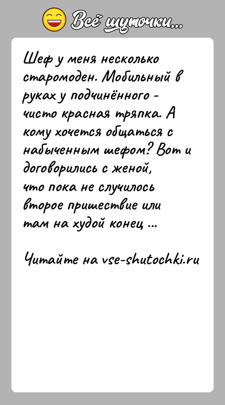 История: Шеф у меня несколько старомоден. Мобильный в руках у подчинённого - чисто красная тряпка. А кому хочется общаться с набыченным
