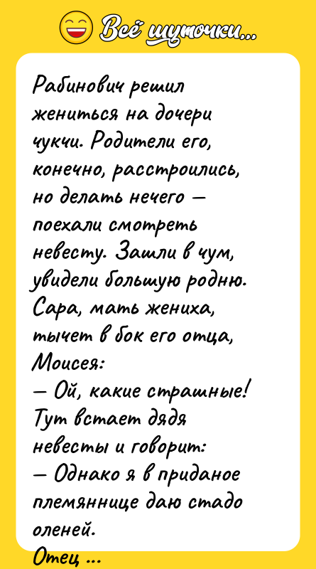 Рабинович решил жениться на дочери чукчи. Родители его, конечно, расстроились,