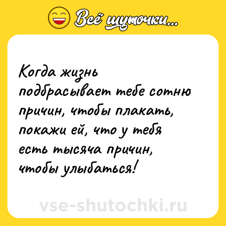Шутка: Когда жизнь подбрасывает тебе сотню причин, чтобы плакать, покажи ей, что у тебя есть тысяча причин, чтобы улыбаться!