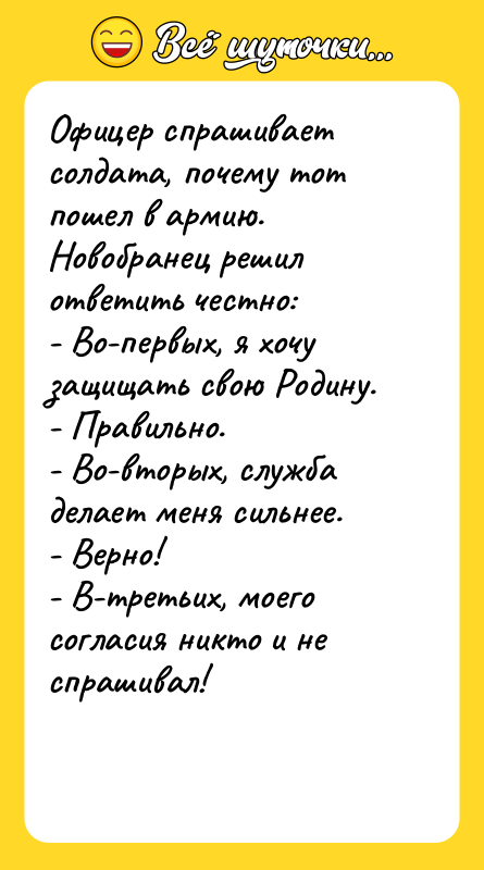 Офицер спрашивает солдата, почему тот пошел в армию. Новобранец решил