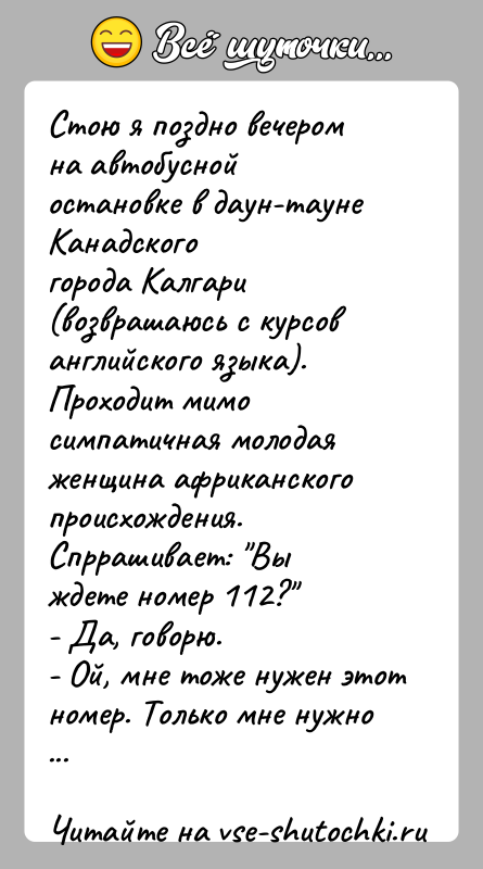 История: Стою я поздно вечером на автобусной остановке в даун-тауне Канадскогогорода Калгари (возврашаюсь с курсов английского языка). Проходит мимосимпатичная молодая женщина