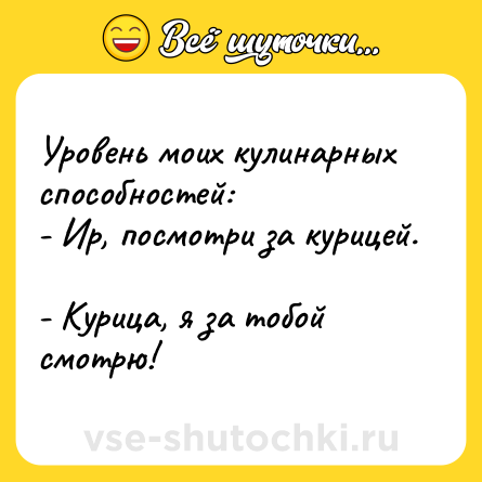Шутка: Уровень моих кулинарных способностей: <br>- Ир, посмотри за курицей. <br>- Курица, я за тобой смотрю!
